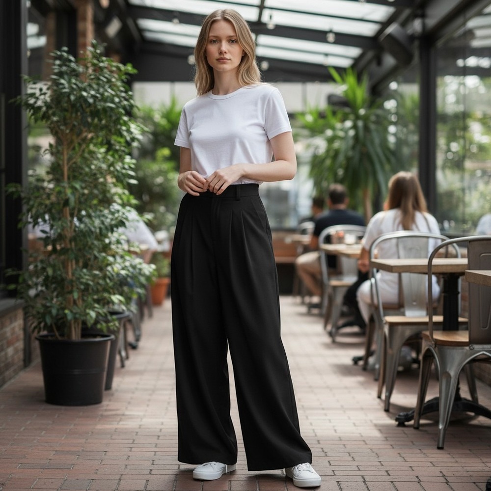 Halara Black Pleated Wide Leg High Rise Waffle Knit Trousers Pants Small Petite
